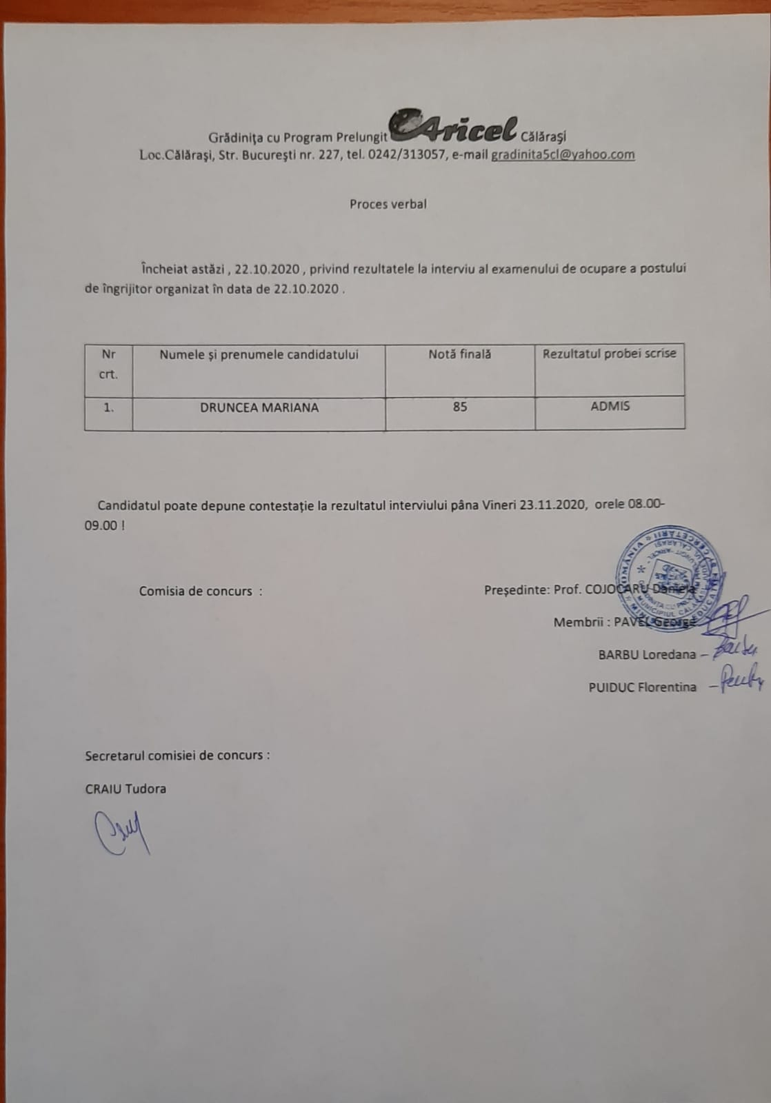 Proces verbal privind rezultatele la interviu pentru postul de ingrijitor din data de 22.10.2020